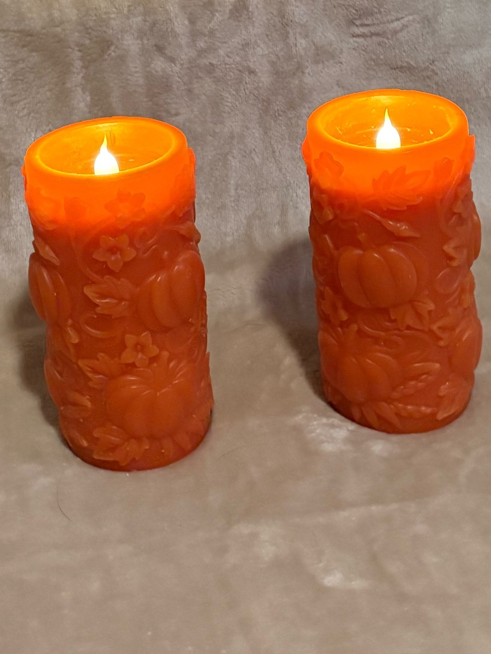 Orange Floral Pumpkin Carved LED Pillar Candles - Home Accents
